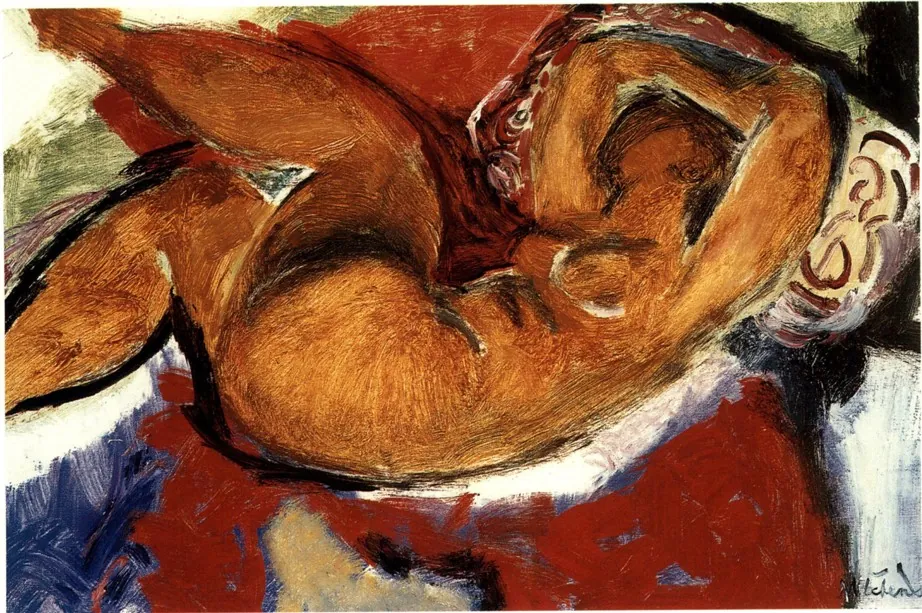 Expressionist painting of a reclining figure in red and ochre